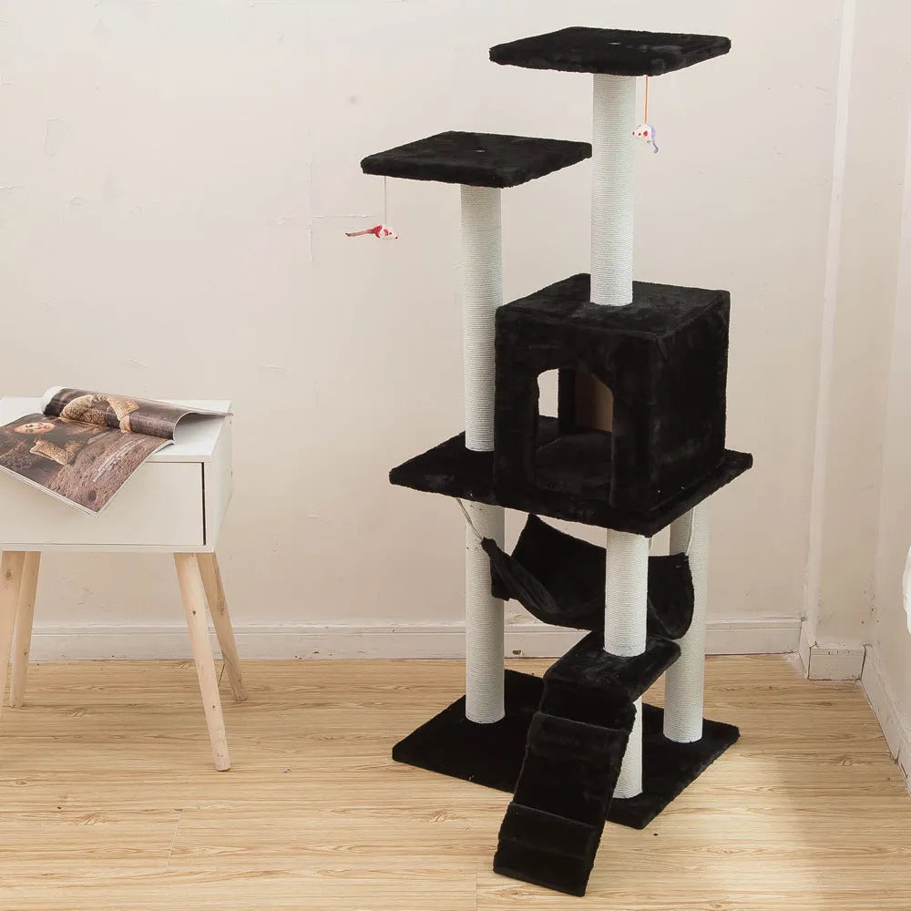125cm cat climbing frame with soft wool cloth cover, beige colour, with nest and tray