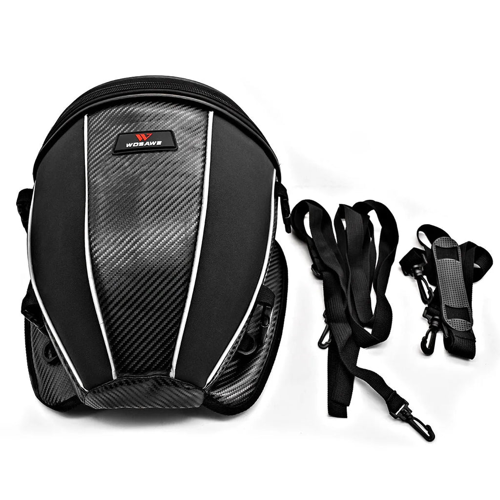 Black motorcycle seat bag with reflective lines and adjustable hooks for fuel tank or rear seat mounting