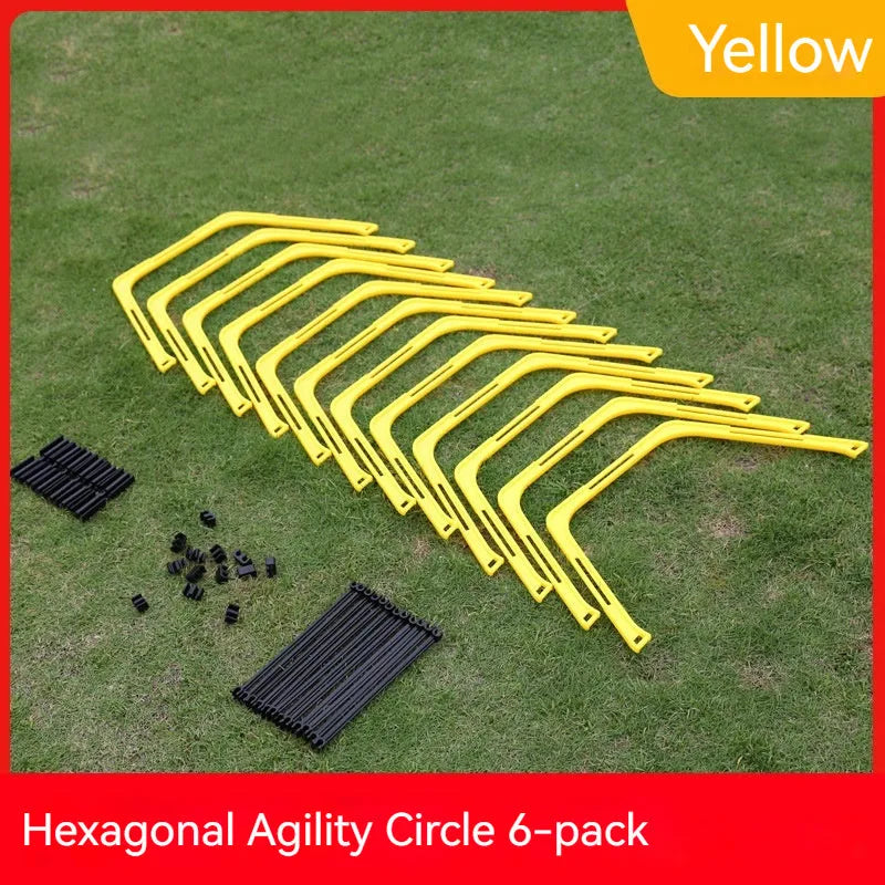 Set of six foldable hexagon football agility training rings in yellow, green, and orange colours.