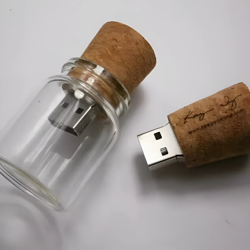 Wooden wish bottle USB flash drive with transparent window showing internal components