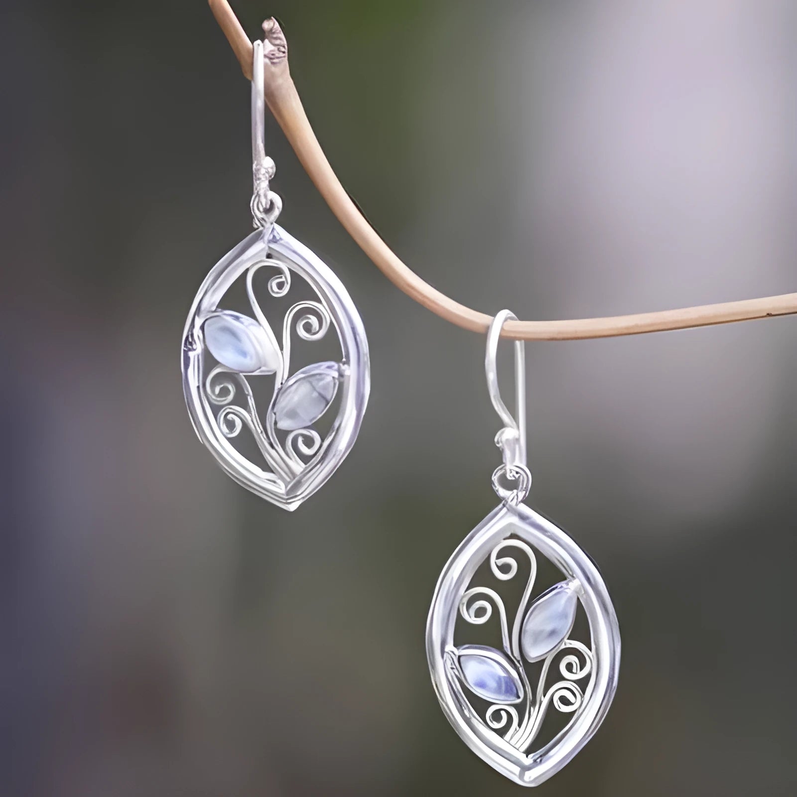 Silver leaf earrings with embedded colourful moonstones for women
