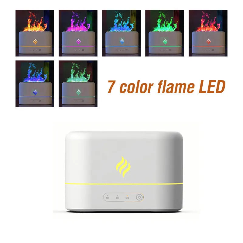 Black USB-powered aromatherapy humidifier with seven-colour simulated flame effect on a desk.
