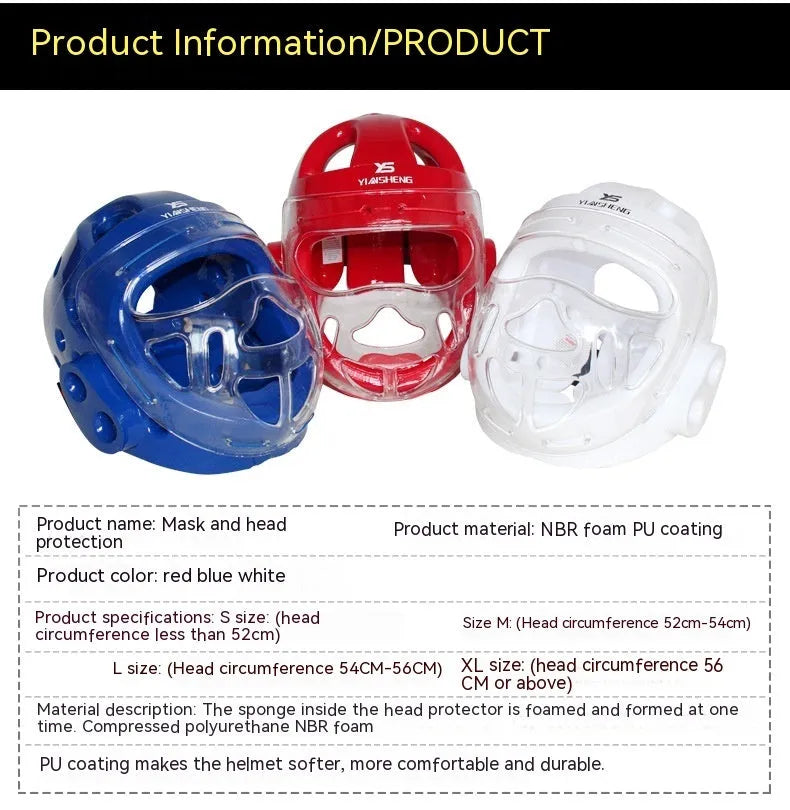 Blue, red, or white karate protective helmet for boxing head guard safety equipment.