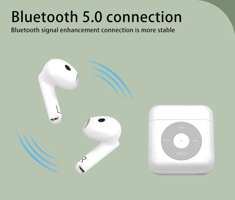 White semi in-ear wireless Bluetooth earphones and charging case on a table.