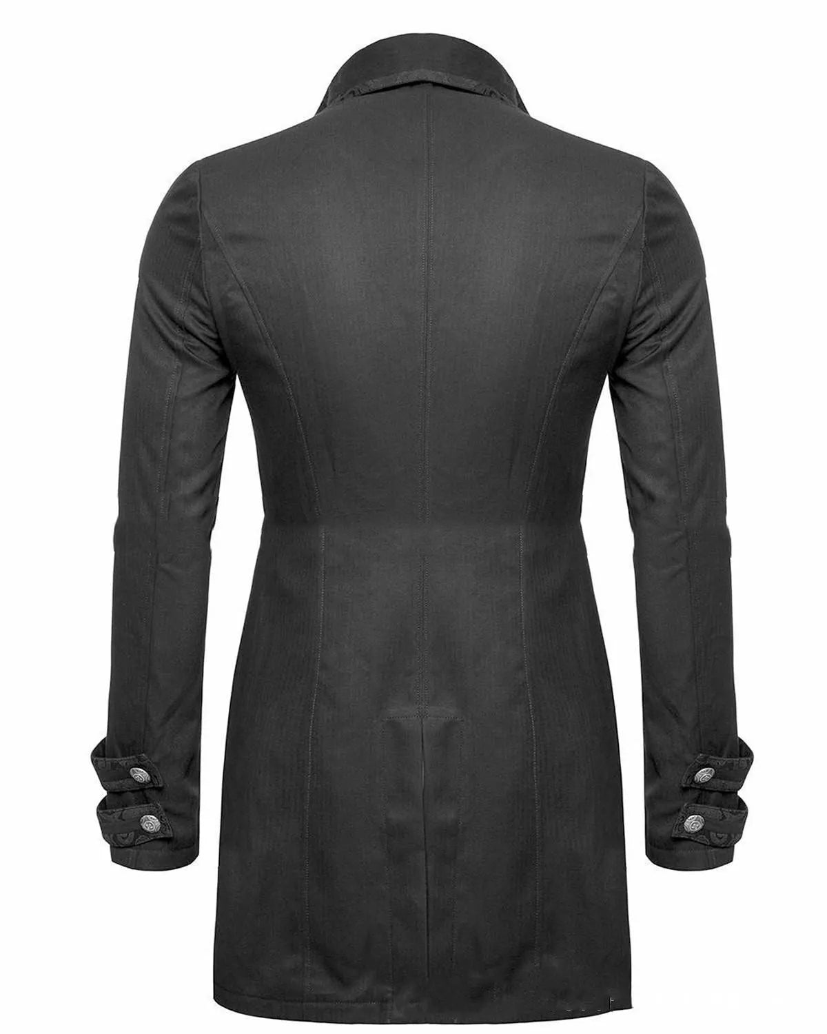 Black Victorian morning gown cosplay jacket on a mannequin, showing button front and period tailoring.