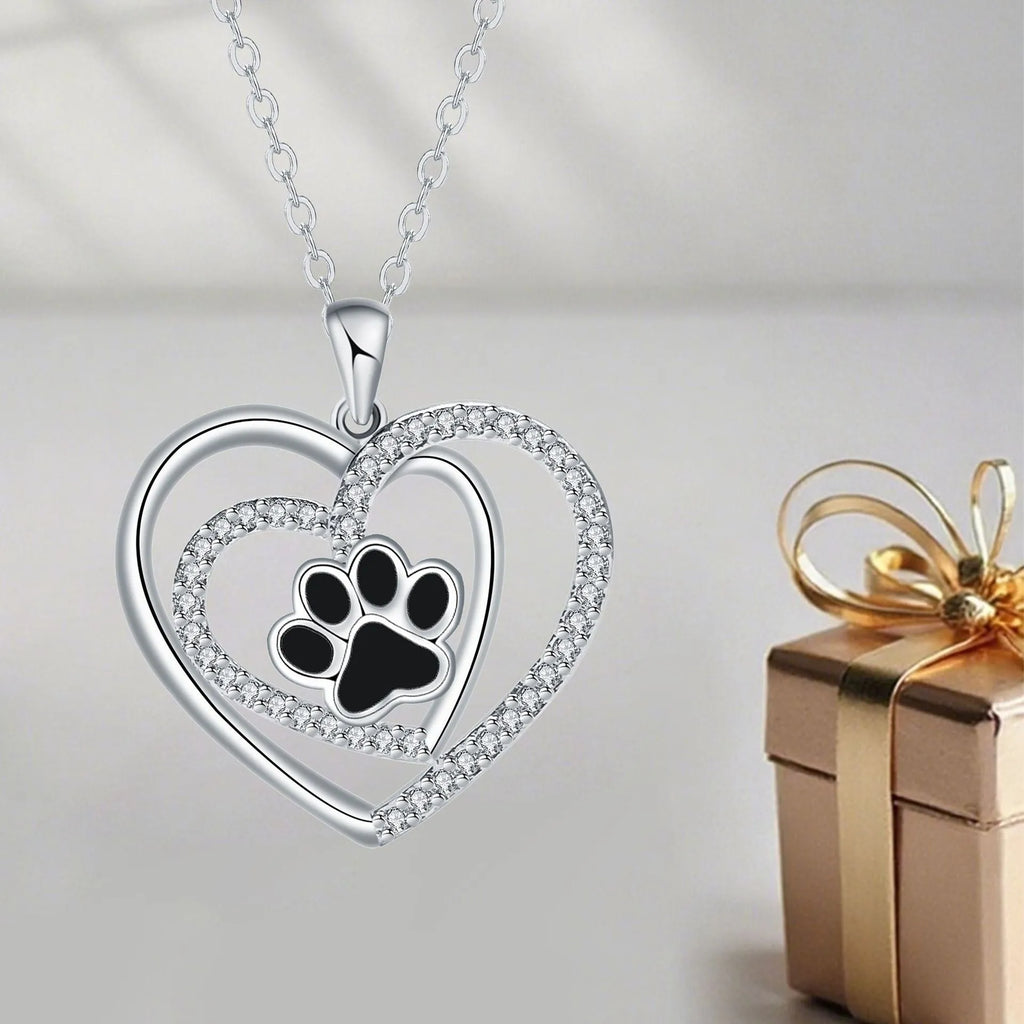 Women's dog paw prints heart necklace with copper pendant and cross chain in electroplated finish