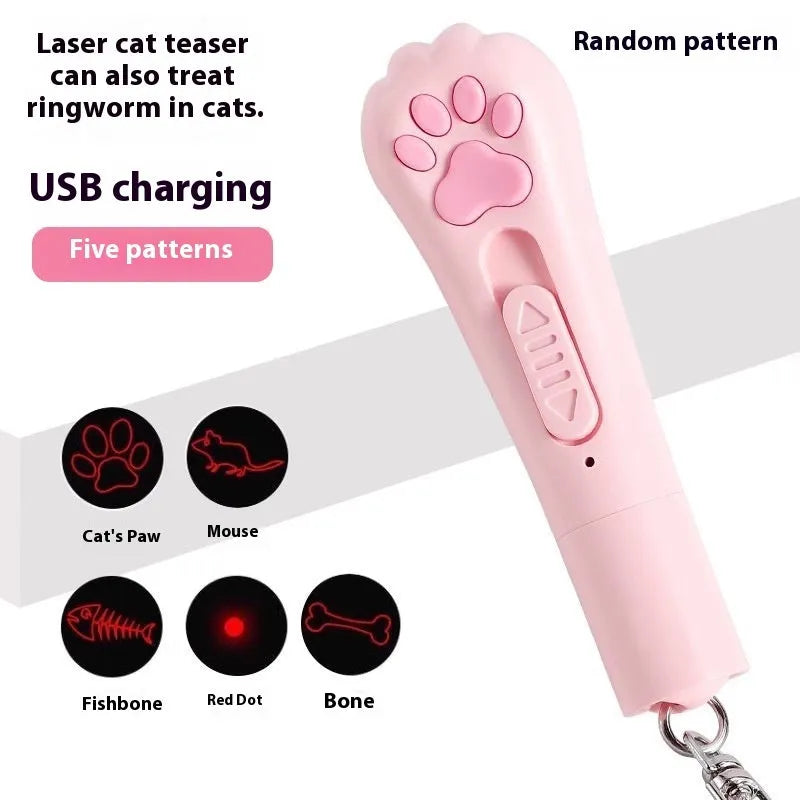 Cat pen light charging toy in plastic, available in cream white, pink, or sky blue with light-up feature.