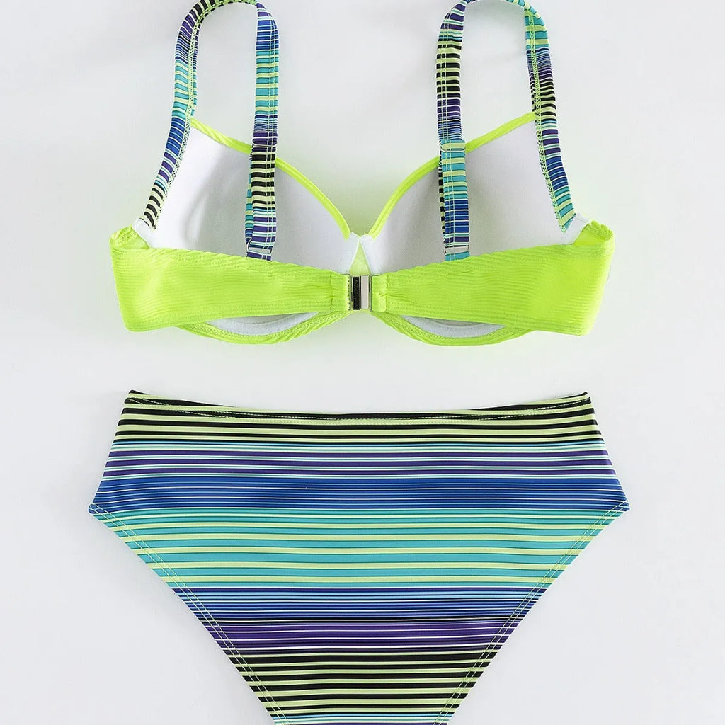 Green printed halter bikini for women with briefs style bottom
