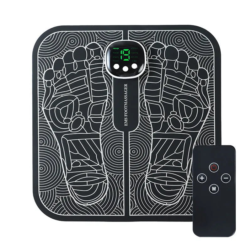 Rechargeable reflexology foot massager mat with foot pad and remote control on floor