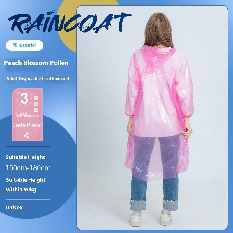 Disposable long full-body raincoat on a portable card, shown in purple, with adult and children size options.