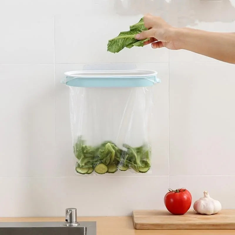 Blue plastic kitchen garbage bag storage rack for under-sink organisation