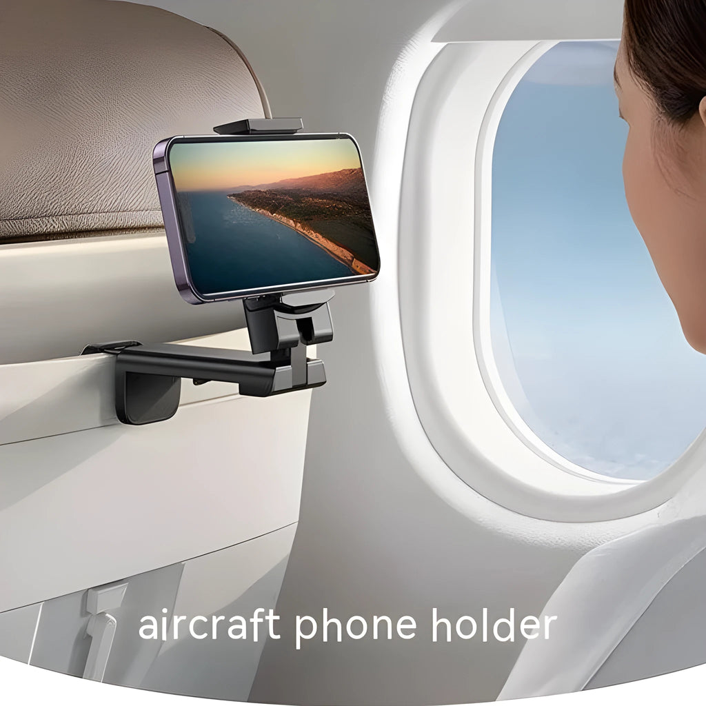 A foldable black phone holder with a rotating head, shown holding a smartphone.
