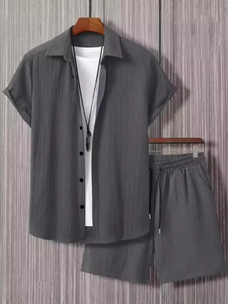 Short sleeve jacquard suit set with shorts in solid colour on a hanger