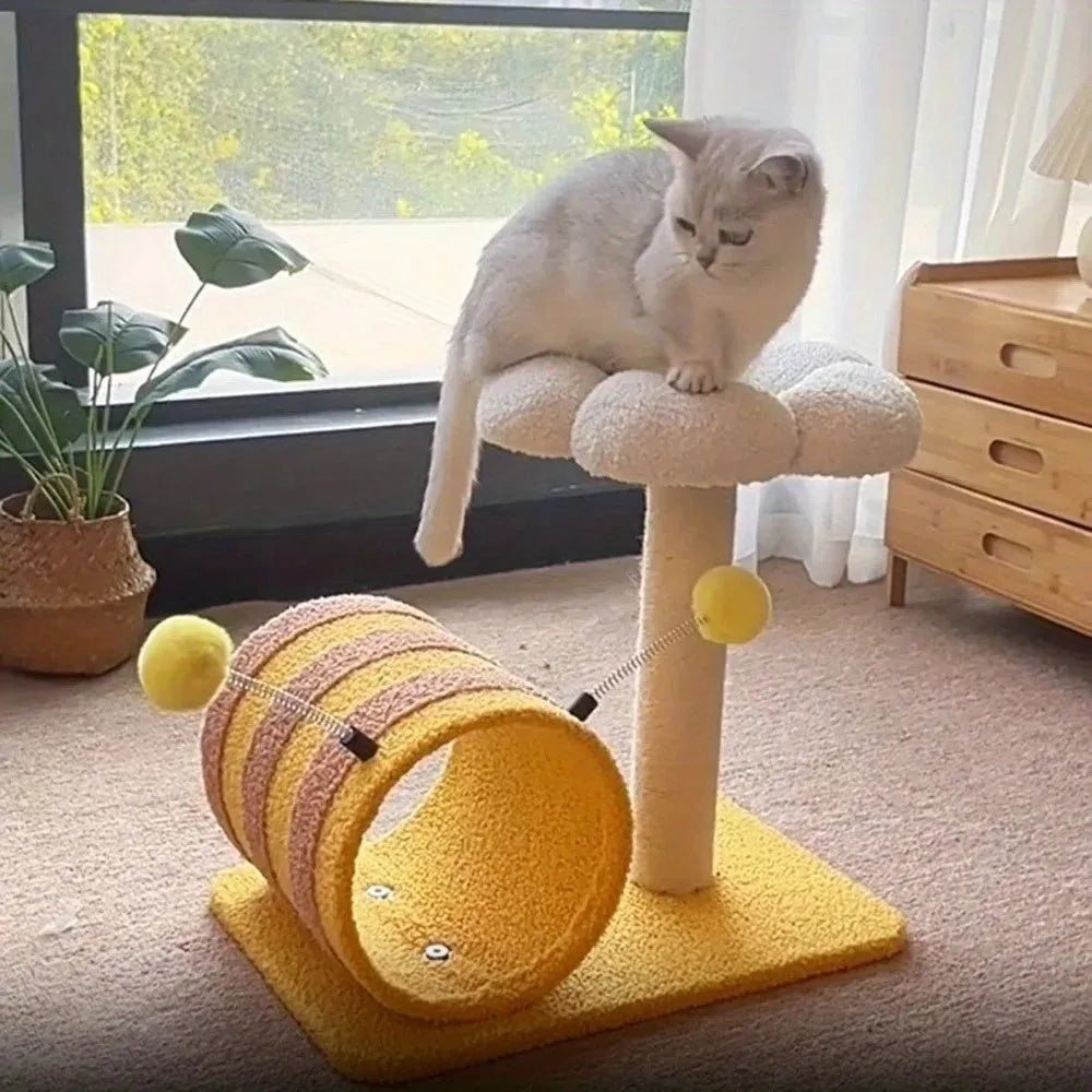Yellow bee-themed cat climbing frame with sisal scratching board, tunnel, and multiple platforms