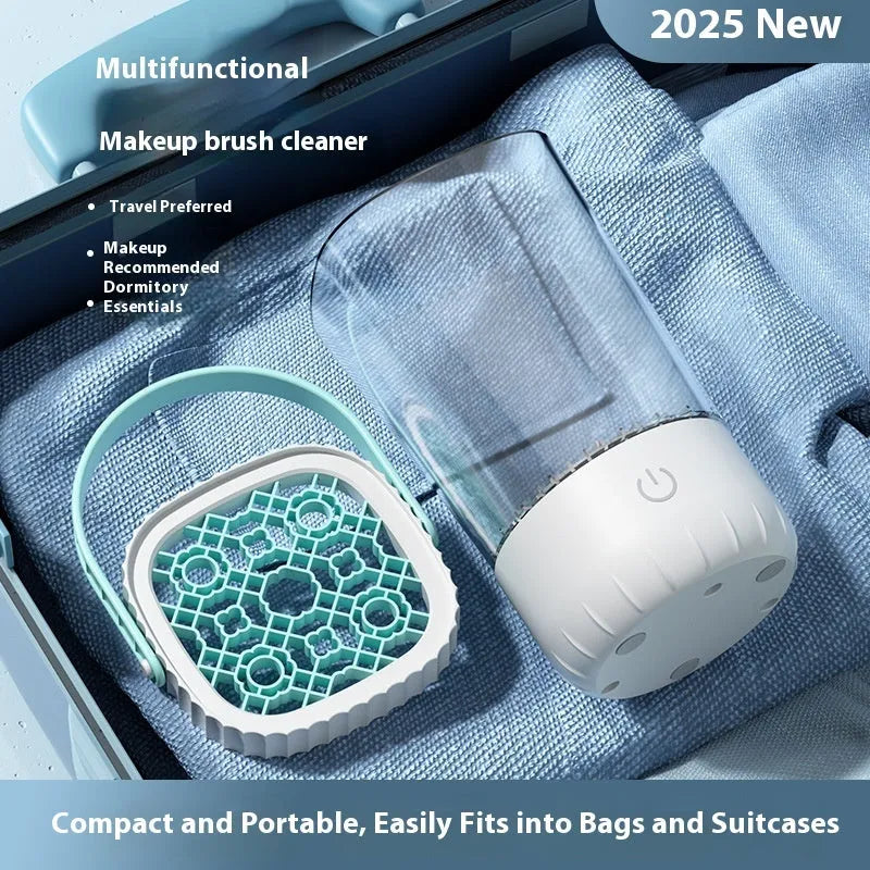 White rechargeable electric makeup brush cleaning tool with data cable.