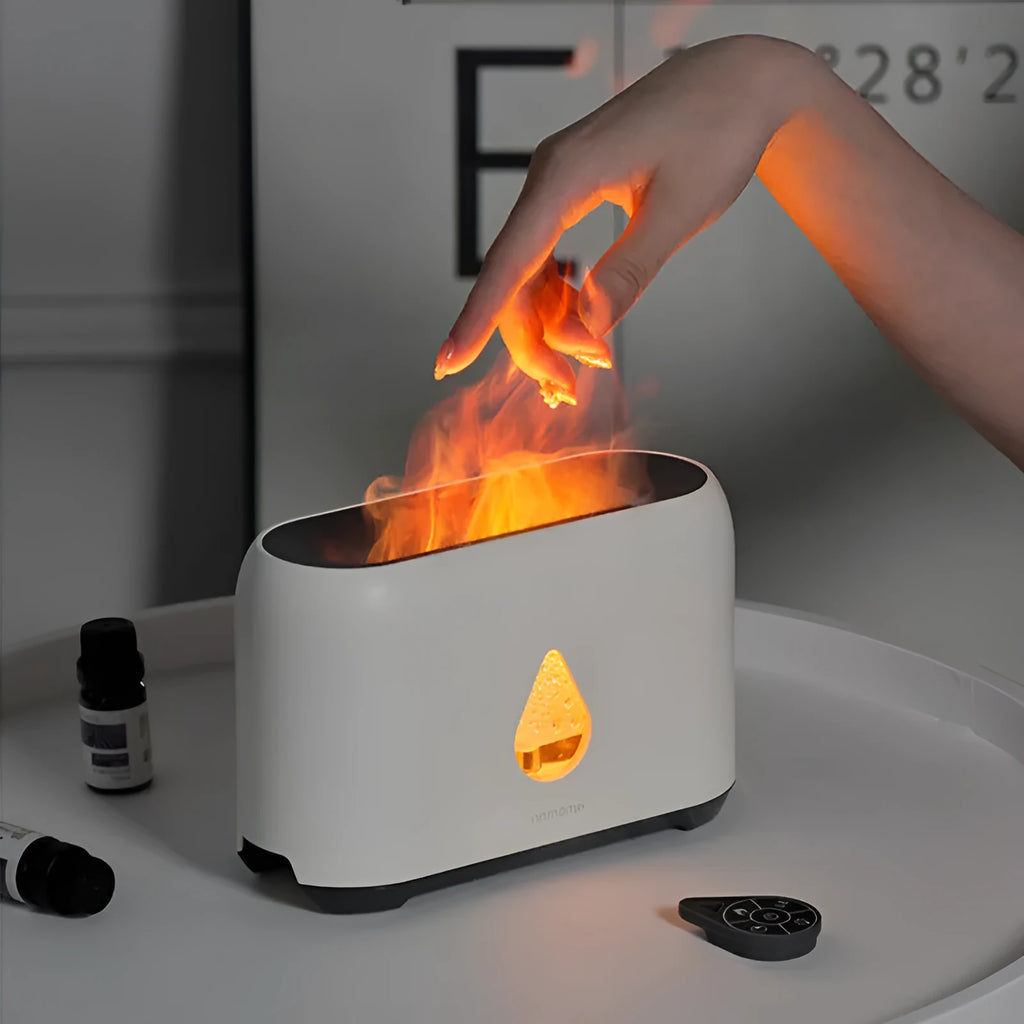 Mini remote control flame diffuser air humidifier in white with USB cable, round plastic shape
