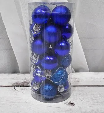 Set of 24 shiny and matte finish Christmas ball ornaments in assorted colours, each 3cm in diameter.