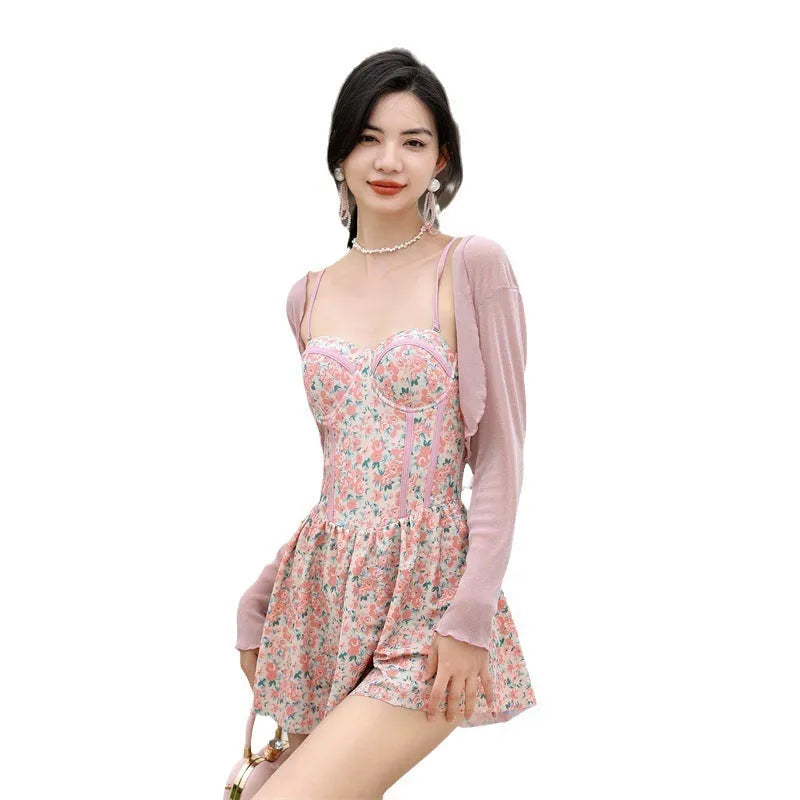 Women's pink and green floral one-piece swimsuit jumpsuit with suspender straps