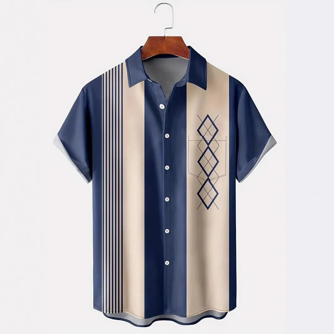Man wearing a loose-fit short sleeve plaid shirt with a lapel collar in contrasting colours.