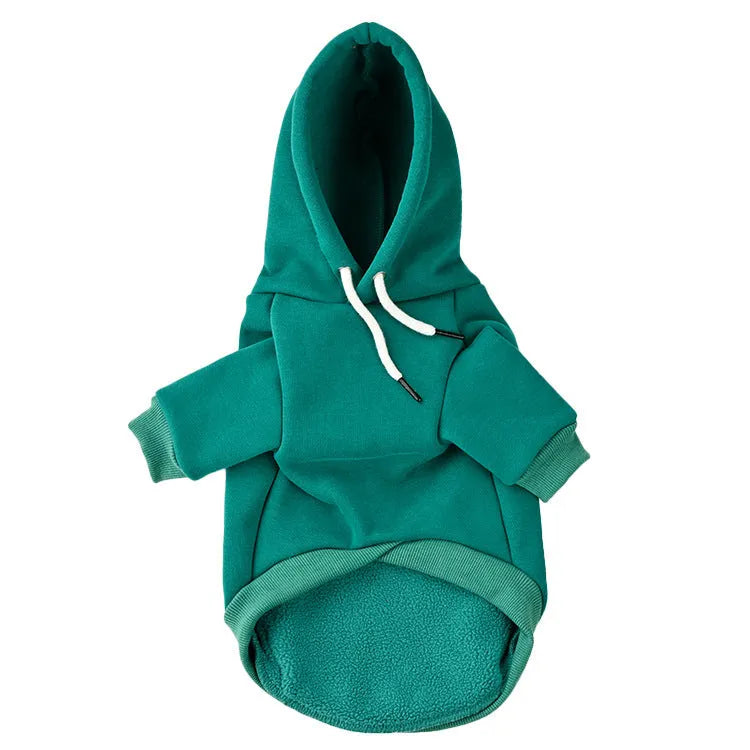 Hooded dog sweater in trueran spandex, shown in green, black, grey, and red, sizes S to XL