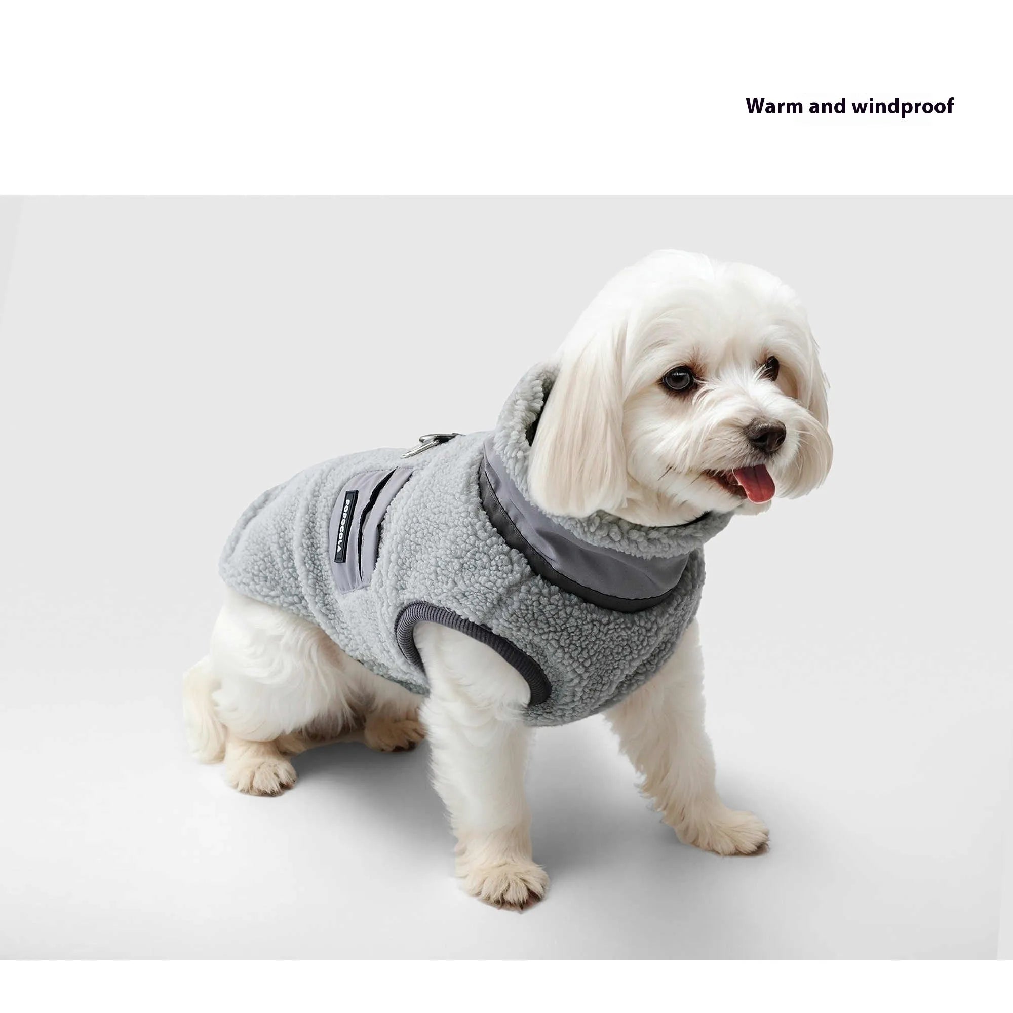 Grey lambswool traction vest for small to extra large dogs, front view