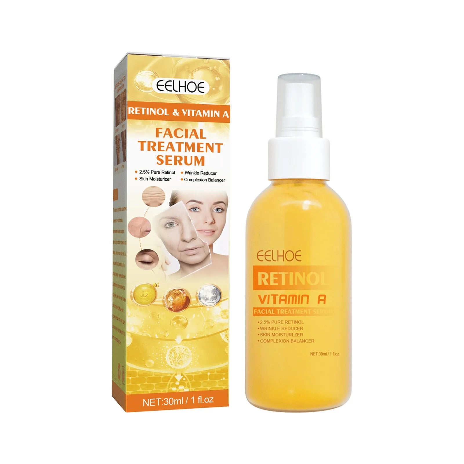 30ml Retinol Anti-Wrinkle Essence Spray in box packaging for fine lines and skin elasticity