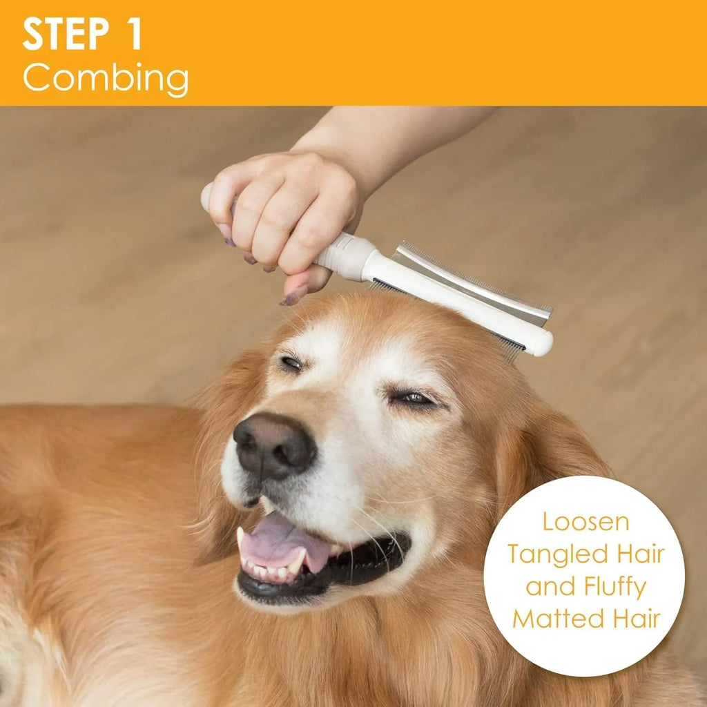 White double-sided dog and cat grooming brush with curved comb and deshedding bristles