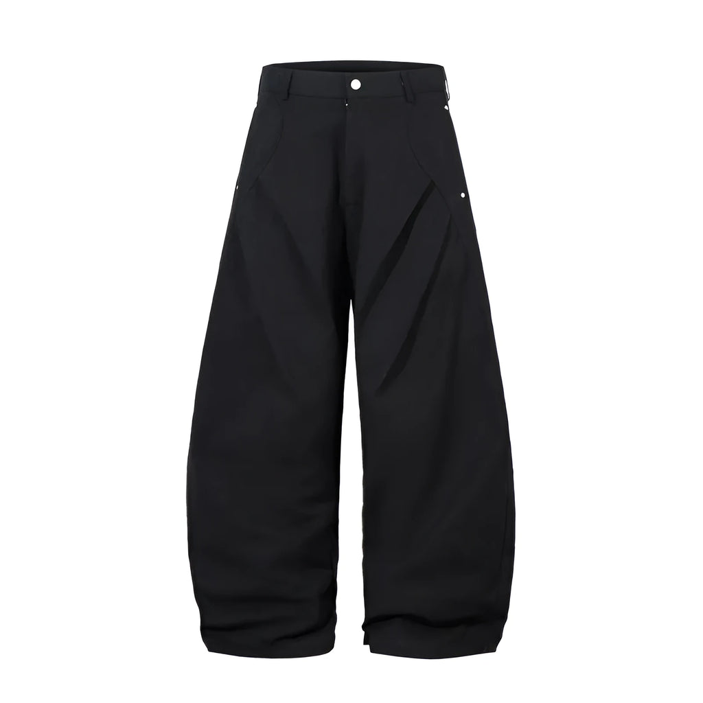 Men's black pleated casual trousers with wide-leg loose fit and mid waist design