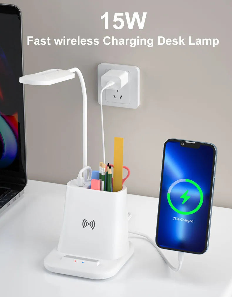 Modern minimalist desk lamp with wireless charging pad and integrated pen holder storage box.