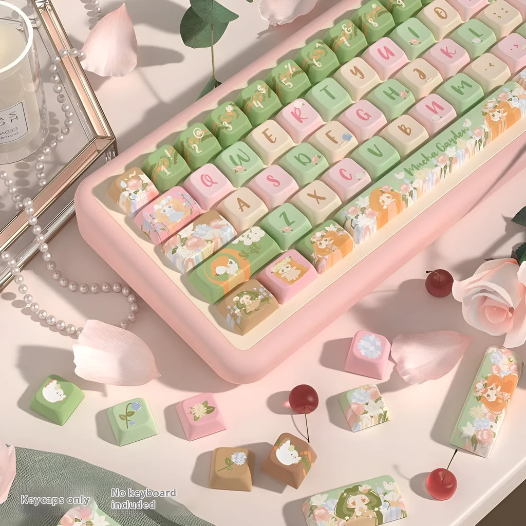 Mu Xia Garden Summer Garden themed PBT sublimation key cap set for mechanical keyboards, showing 138-key and 158-key layout options.