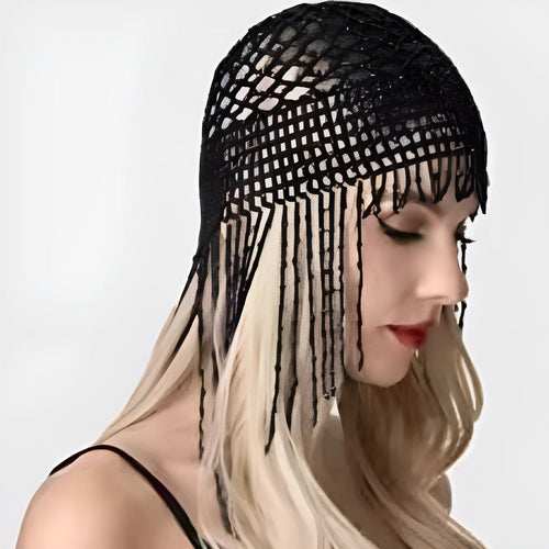 Silver belly dance hat with beaded tassels on black background for performance hair ornament