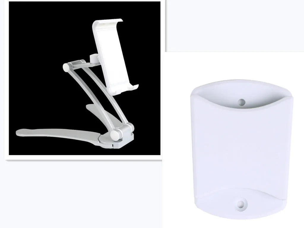 Silver aluminium desktop tablet stand holding a tablet, showing its 360-degree adjustable head and mounting base.