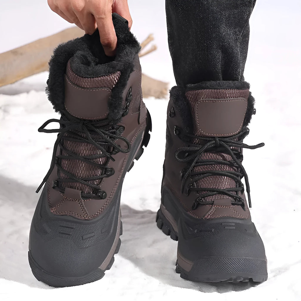 Men's black high-top lace-up boots with a fleece-lined interior and flat heel, shown from the side.