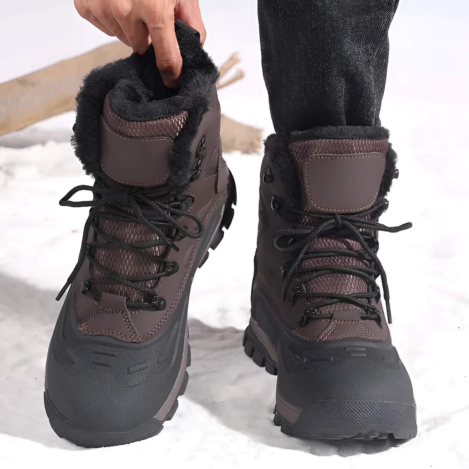 Men's black high-top lace-up boots with a fleece-lined interior and flat heel, shown from the side.