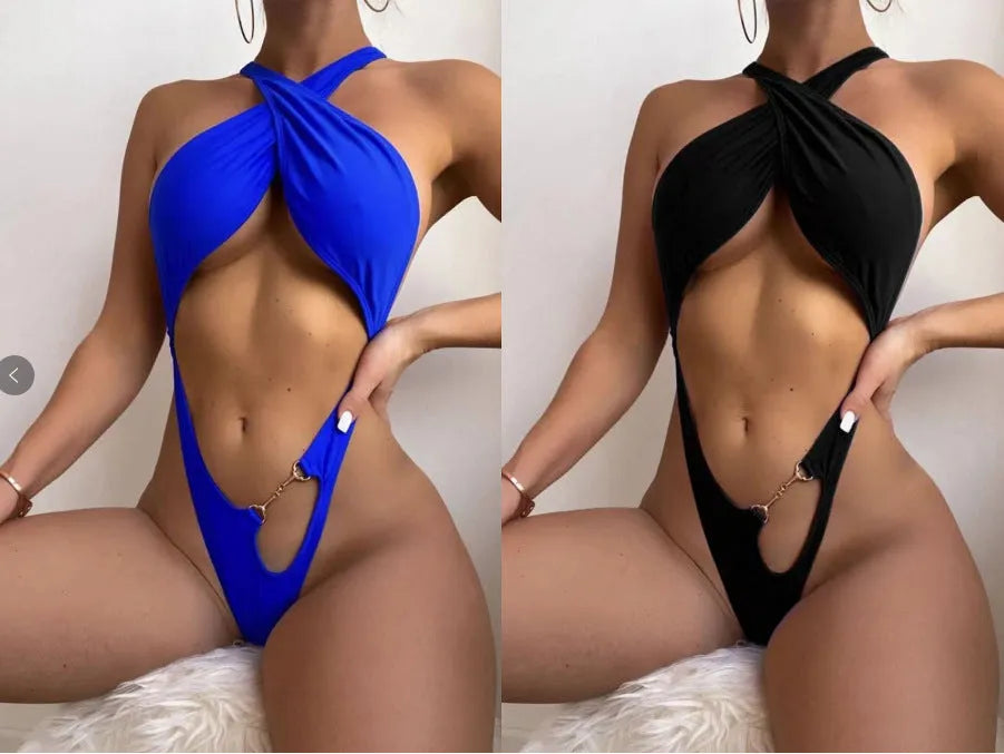 Blue solid colour women's one-piece swimsuit on a mannequin.