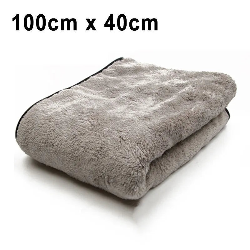 Microfiber car wash and detailing towel shown in three size options: 75x35cm, 60x40cm, and 100x40cm.