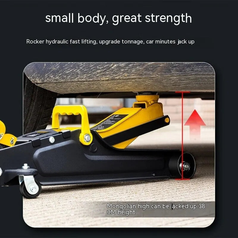 Horizontal hydraulic low-profile car jack with handle for tyre changing
