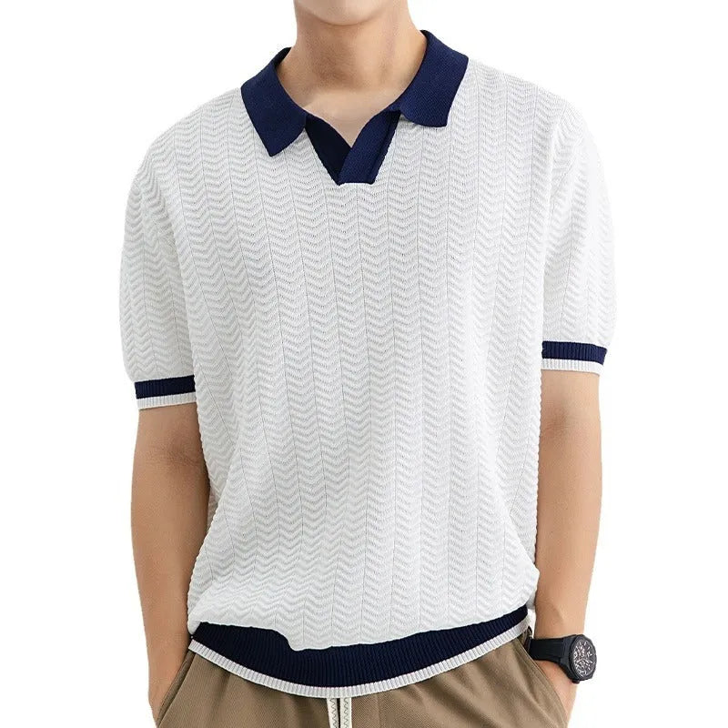 Men's ice silk striped polo shirt, short sleeve, slit detail, dark green camel black white, sizes M-3XL