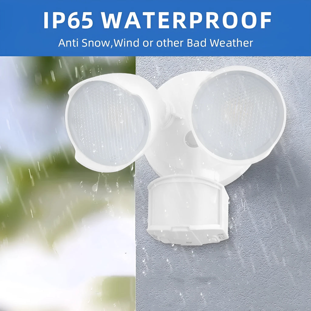 White rectangular LED security floodlight with PIR sensor, shown mounted on an exterior wall.