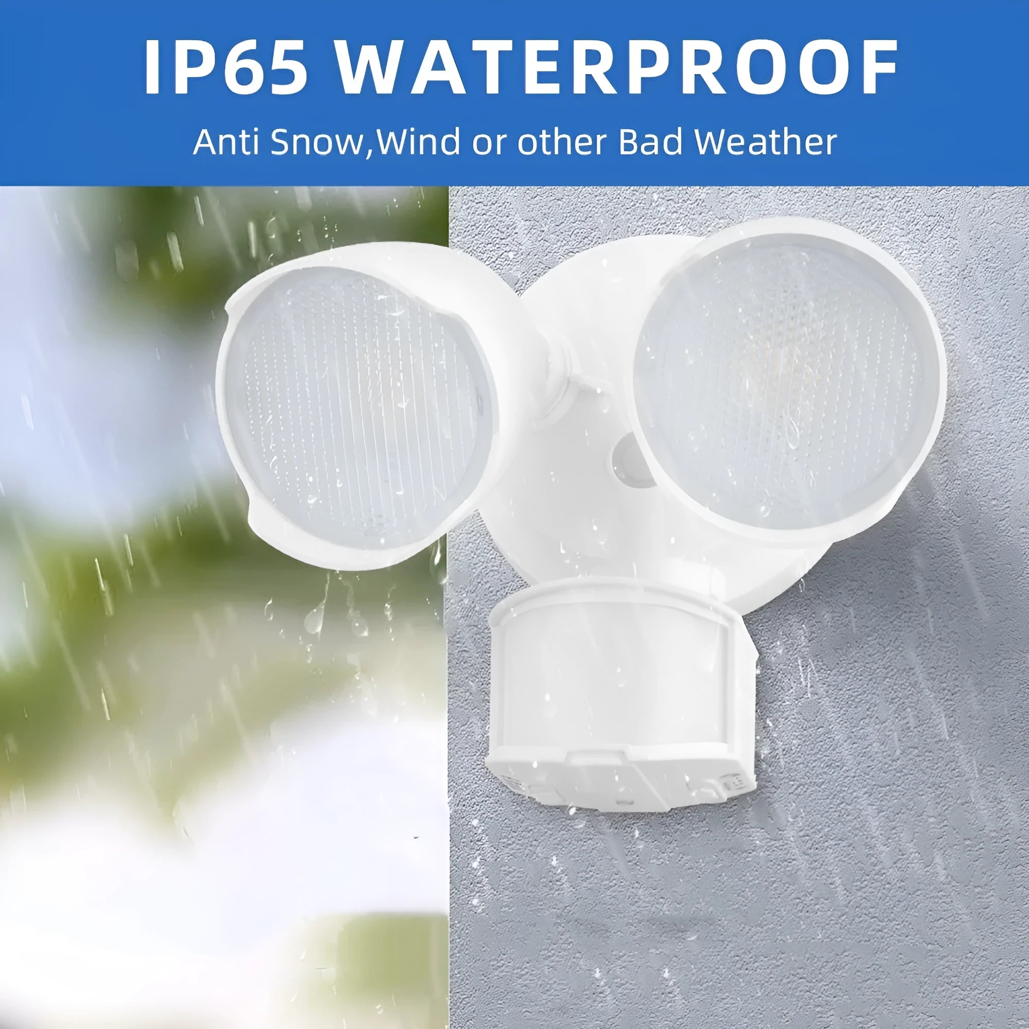 White rectangular LED security floodlight with PIR sensor, shown mounted on an exterior wall.