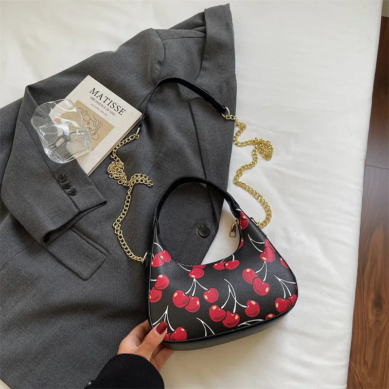 Autumn printed fashion underarm tote bag in beige with stitching details and double shoulder straps