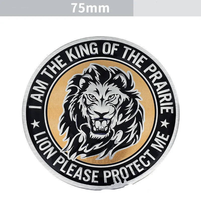Aluminium car sticker set showing lion, eagle, wolf head and tiger emblem designs for vehicle modification.