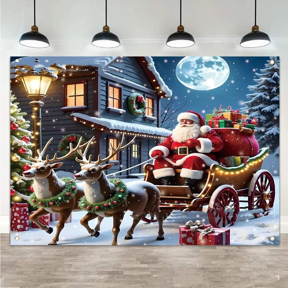 Red Christmas banner with Santa Claus and gift imagery measuring 210 cm wide by 150 cm high