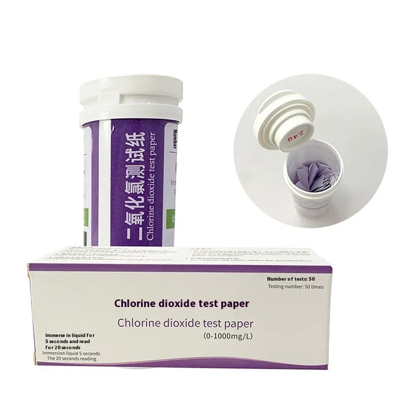 Bottle of 50 chlorine dioxide test strips for waste water detection, range 0-1000mg/L.