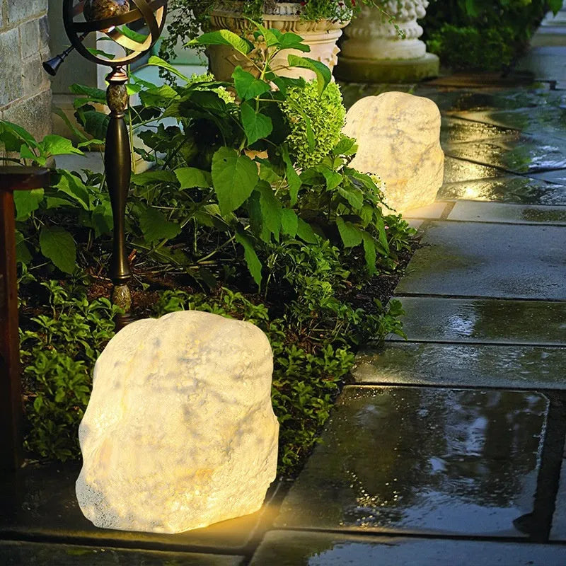 Outdoor waterproof stone resin floor lamp with warm light, IP65 rated for garden or courtyard use