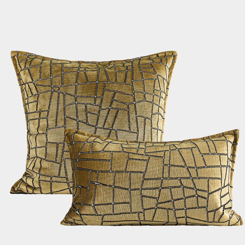 Tuhao gold geometric abstract pattern on a square polyester cushion cover.