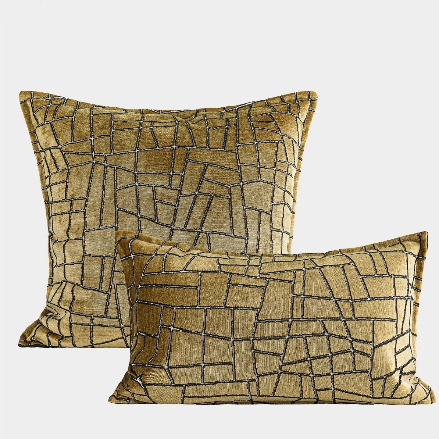 Tuhao gold geometric abstract pattern on a square polyester cushion cover.