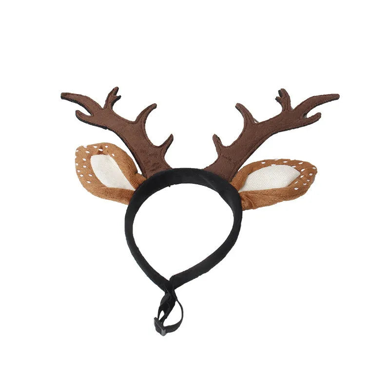 Yellow plush pet antler headband with adjustable hoop on a dog, Christmas reindeer costume