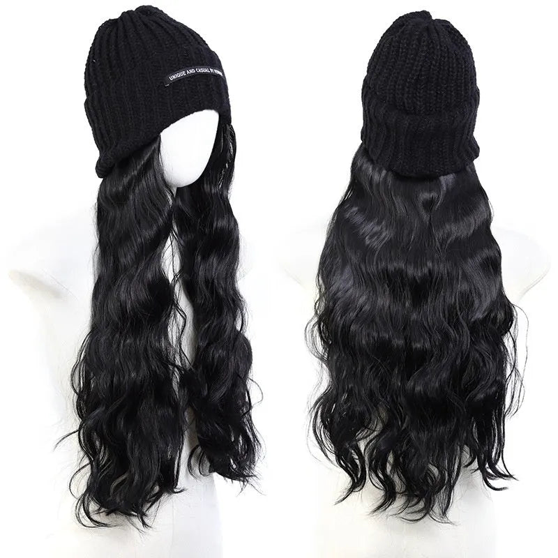 Hat wig with long curly high temperature fibre hair in multiple colour options