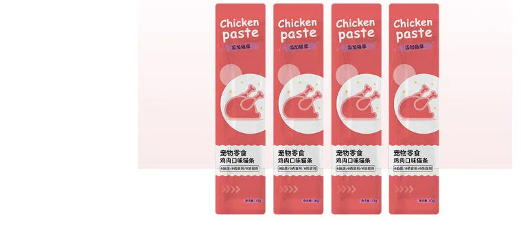Pack of 10 cat snack strips in four flavour varieties